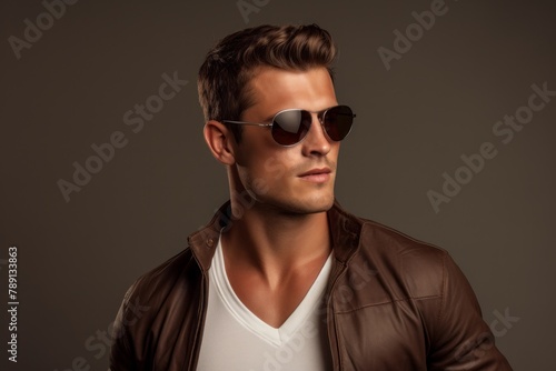Portrait of a tender man in his 30s wearing a trendy sunglasses while standing against blank studio backdrop