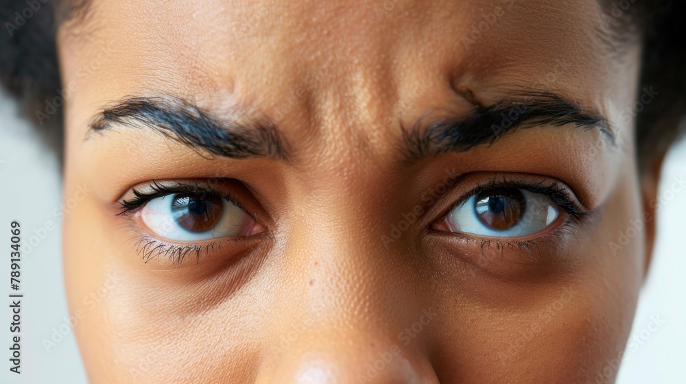 Naklejka premium Close-up of a furrowed brow and tensed eyes depicting a headache, set against a stark white backdrop for a clean look.