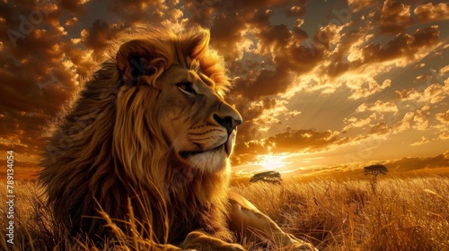 Male lion in savannah at sunset, the king of the wild asserting dominance in natural habitat