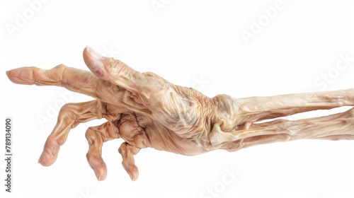 Close-up of a hand with visibly swollen joints suffering from arthritis pain, against a plain white background, styled as a high-definition medical illustration. photo