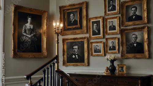 A staircase wall elegantly lined with black-and-white ancestral portraits in ornate, gold-leaf frames Generative AI