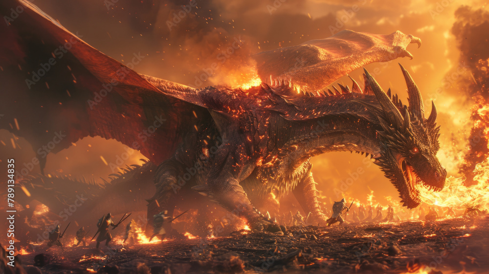 Epic battle scene featuring a dragon spewing fire upon warriors in a battlefield. Epic battle scene featuring a dragon spewing fire upon warriors in a battlefield.