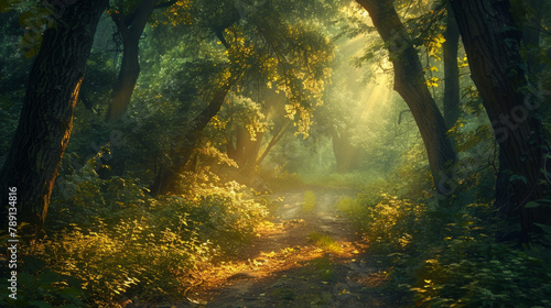 The serene beauty of a forest path at dusk, where ancient trees stand tall and shadows dance among the leaves, creating a magical and mysterious atmosphere.