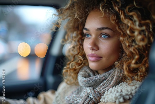 A close-up of a woman's curly hair in focus inside a car with blurred city lights in the background