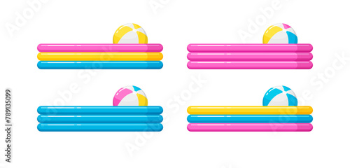 Kids inflatable pools for summer beach party or children's games on playground, side view. Rubber balls floating in water, set of vector flat cartoon illustrations isolated on white background