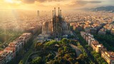 Aerial view of Barcelona with Sagrada Familia, urban tapestry
