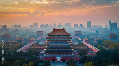 Aerial view of Beijing, Forbidden City amidst modern skyscrapers photo