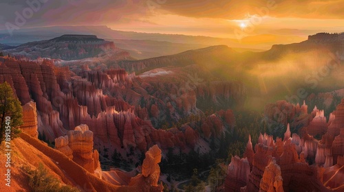 Aerial view of Bryce Canyon, red rock spires and horseshoe amphitheaters, sunrise photo