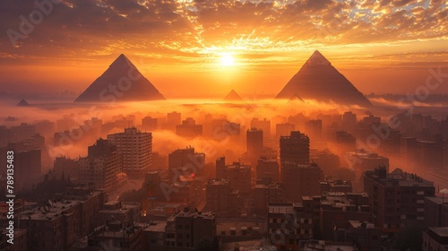 Aerial view of Cairo with the pyramids in the horizon, dusty sunset photo