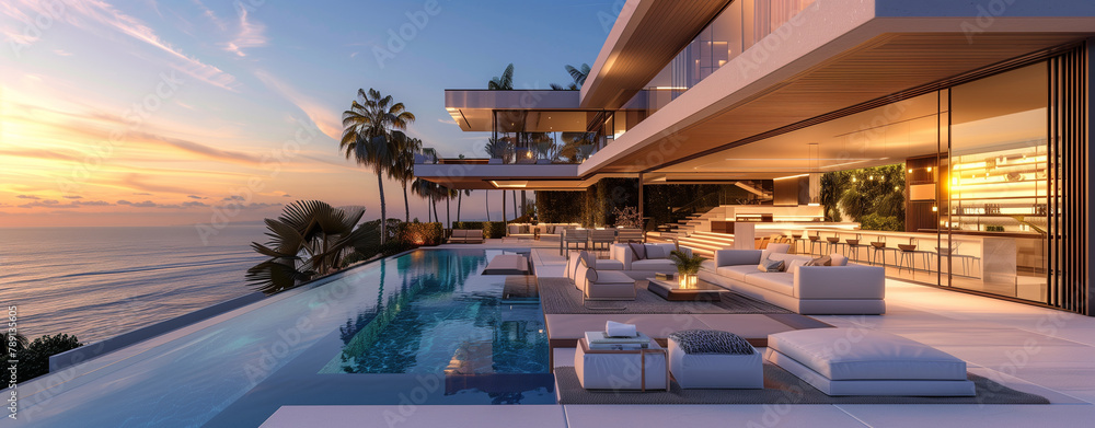 create an architectural rendering of a large modern house with pool and terrace overlooking the sea, palm trees in background, sun setting behind villa