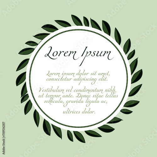 Card or invitation template with round frame and leaves on green background.