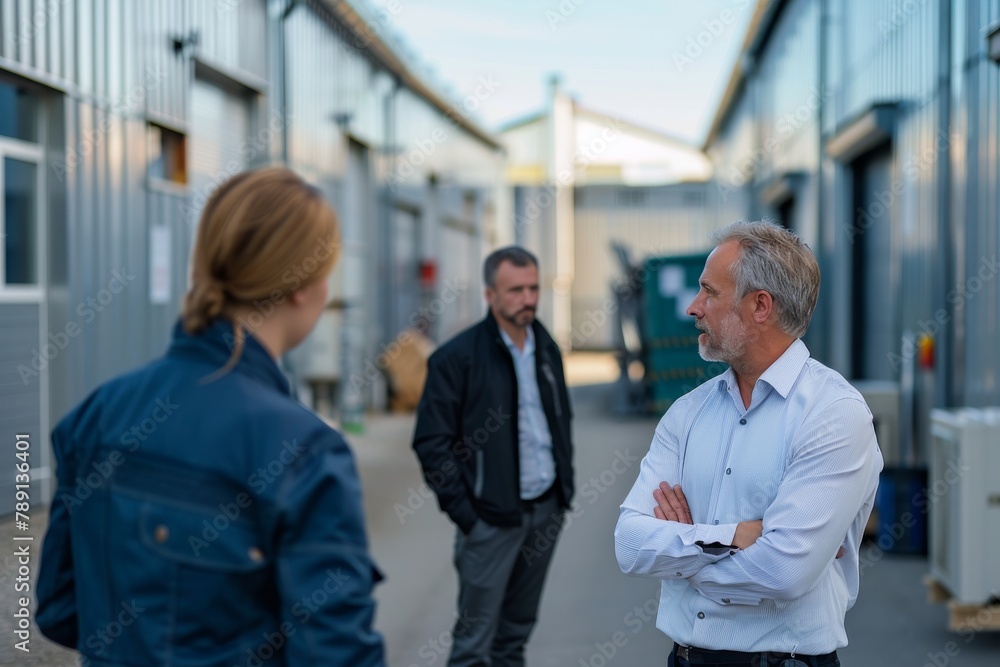Business group talking with partner with factory background Business group talking with partner with factory background