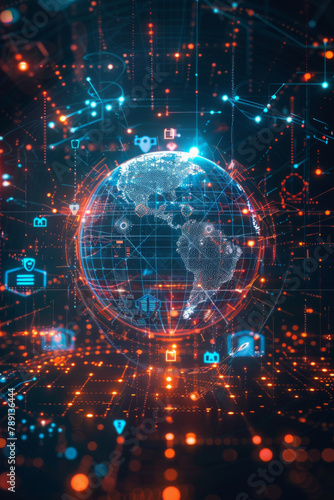 Visual representation of global security through digital globe, cybersecurity icons, and network data flows.