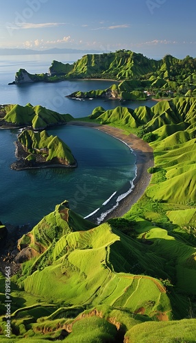 Panoramic view of island with green hills  sandy beaches  surrounded by sea and islands at dawn