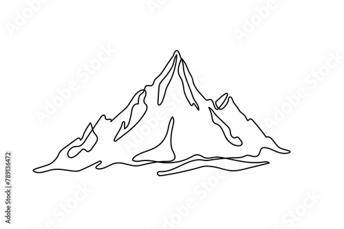 One solid line drawing of a mountain range landscape on a white background. Web banner with fasteners in simple linear style. Doodle vector illustration of mountains nature