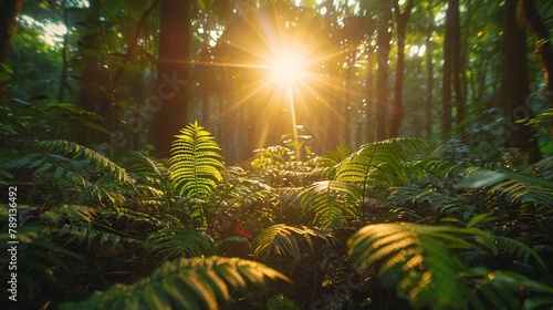 Ecosystem preservation, dense forest edge, golden hour lighting, groundlevel shot showing diverse plant life photo