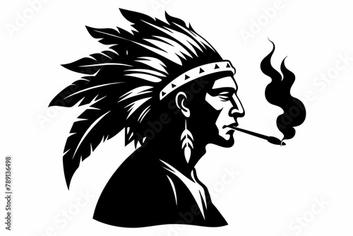 Vector, Native American smoking silhouette, laser cut, white background 