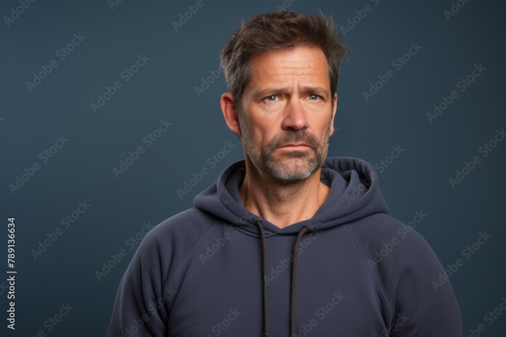 Portrait of a content man in his 40s wearing a thermal fleece pullover in front of blank studio backdrop Portrait of a content man in his 40s wearing a thermal fleece pullover in front of blank studio backdrop