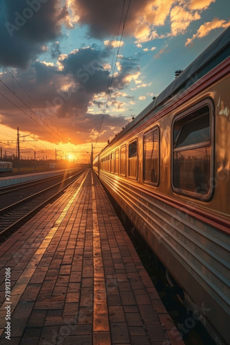 A modern passenger train on a railway platform at sunset, represents the efficiency and modernity of transportation infrastructure.