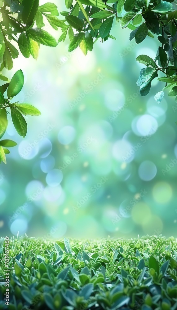 Obraz premium Blurred spring meadow with sunny gradient sky, defocused bokeh on green grass background