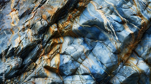 richly detailed rock with blue variants stone full of curves and smooth cuts resulting from the erosive effect of sea Close up rocks texture dramatic and colorful erosional water forma : Generative AI photo