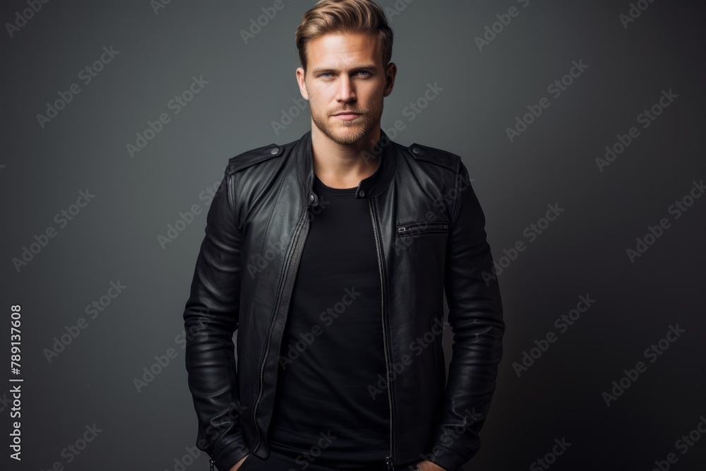 Portrait of a satisfied man in his 30s sporting a classic leather jacket isolated in light wood minimalistic setup Portrait of a satisfied man in his 30s sporting a classic leather jacket isolated in light wood minimalistic setup
