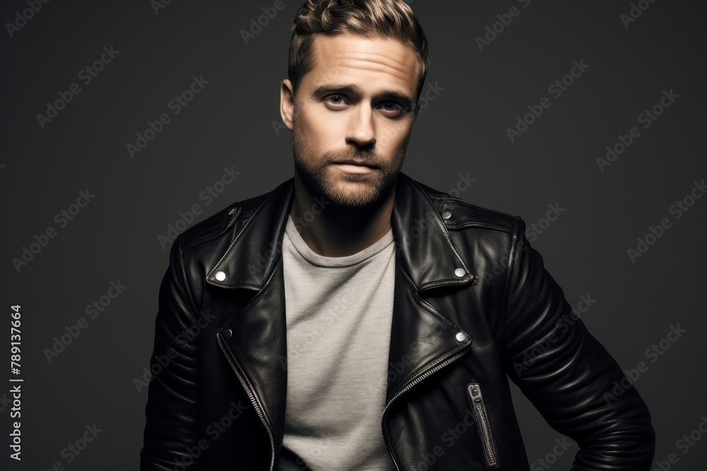 Portrait of a satisfied man in his 30s sporting a classic leather jacket in front of light wood minimalistic setup Portrait of a satisfied man in his 30s sporting a classic leather jacket in front of light wood minimalistic setup