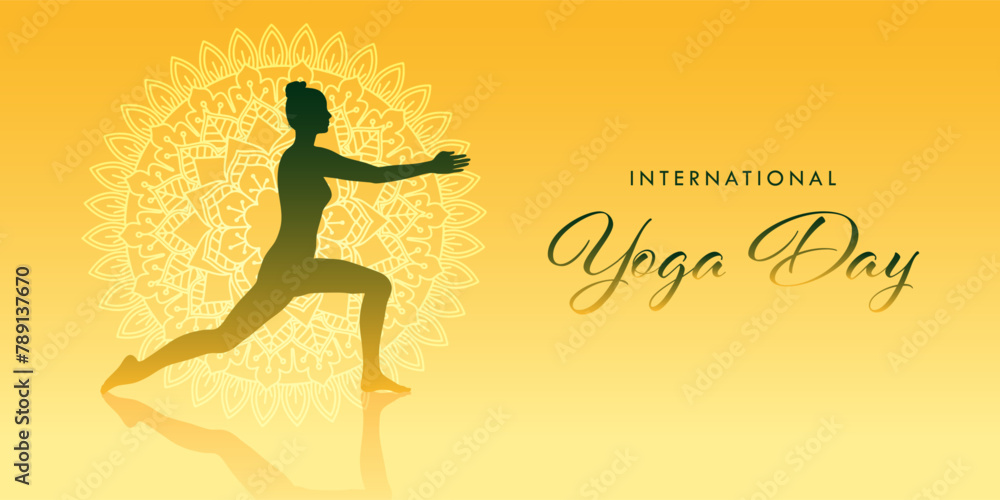 International yoga day banner design with silhouette of female in yoga pose International yoga day banner design with silhouette of female in yoga pose