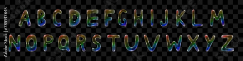 Alphabet made of soap bubbles with rainbow gradient. Vector isolated letters on transparent background