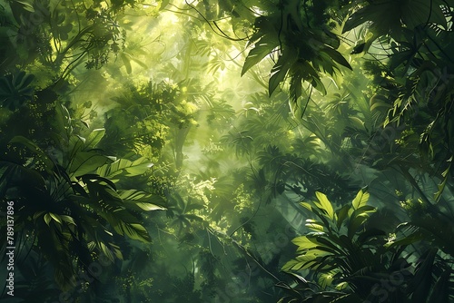 : A dense jungle canopy bathed in emerald sunlight, dappled light filtering through the interwoven leaves of colossal trees.