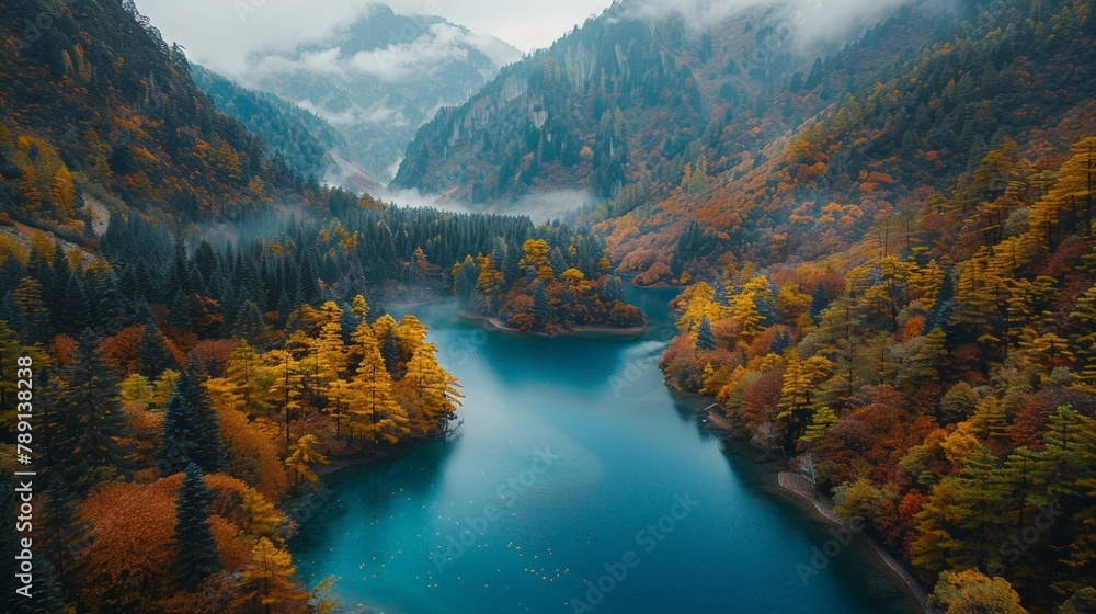 Aerial view of Jiuzhaigou Valley, multi-colored lakes and forested ridges