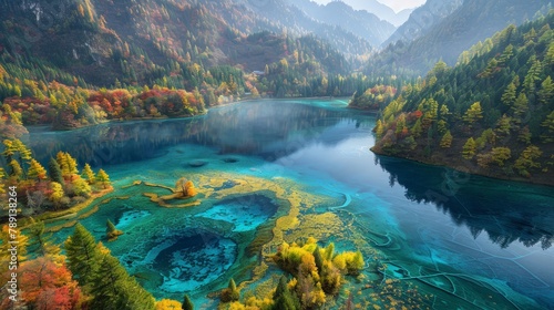 Aerial view of Jiuzhaigou Valley, multi-colored lakes and forested ridges photo