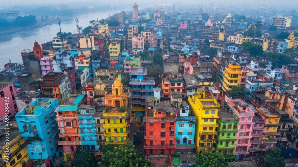 Aerial view of Kolkata during Durga Puja festival, vibrant and colorful