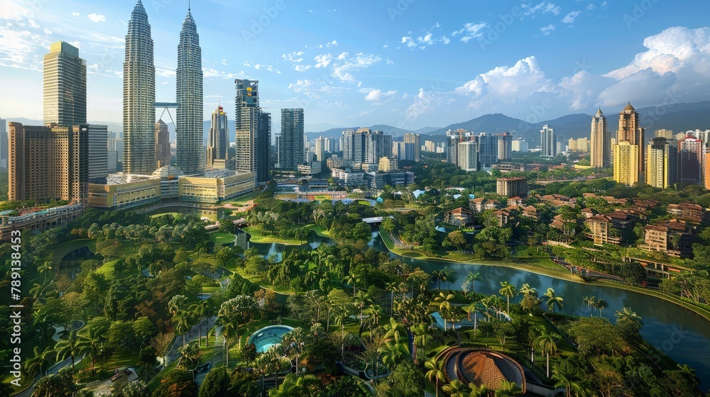 Fototapeta premium Aerial view of Kuala Lumpur, iconic towers and lush greenery