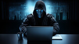 Online internet hacker with laptop computuer.