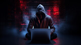 Online internet hacker with laptop computuer.