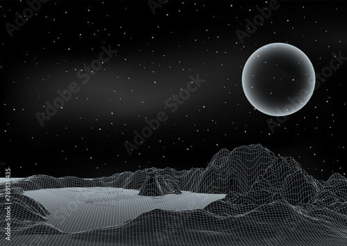 abstract futuristic space scene with wireframe digital landscape