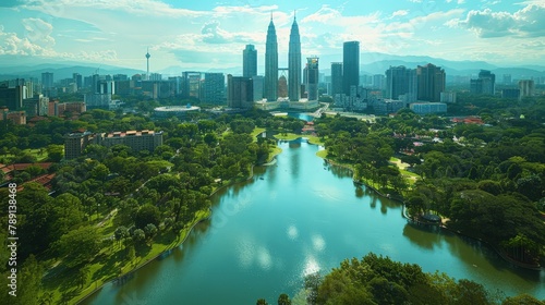 Aerial view of Kuala Lumpur, iconic towers and lush greenery