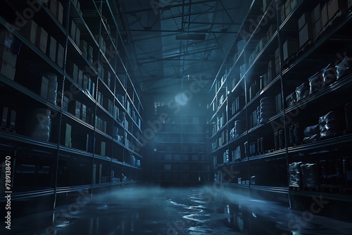 : A dark, ominous warehouse, with towering shelves and a thick, suffocating darkness photo