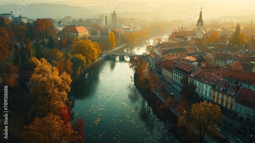 Aerial view of Ljubljana, river dividing the historical center, serene afternoon