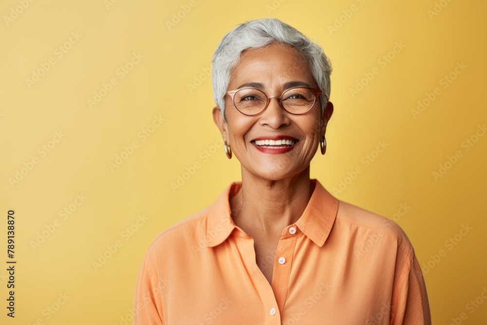 Portrait of a smiling indian woman in her 80s donning a classy polo shirt isolated in light wood minimalistic setup Portrait of a smiling indian woman in her 80s donning a classy polo shirt isolated in light wood minimalistic setup