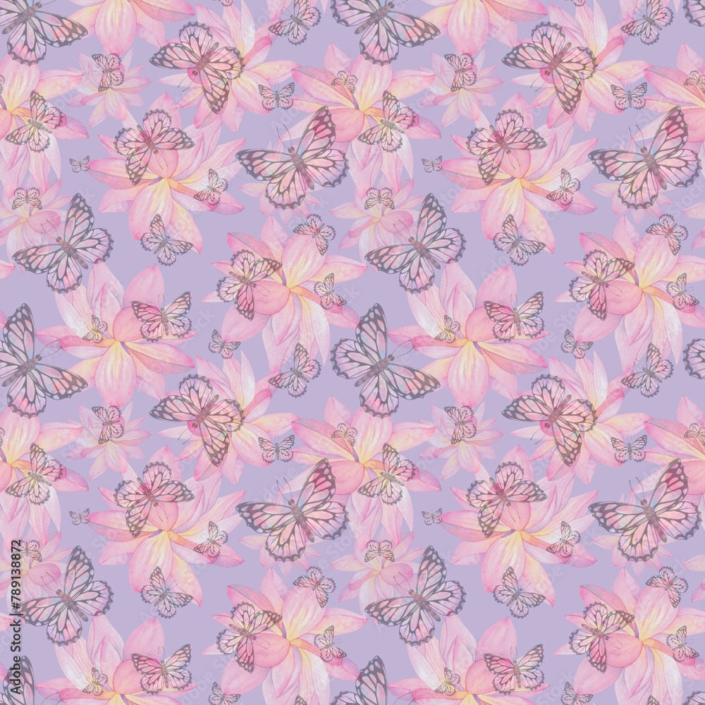 Delicate pink butterflies and lotus flowers on a lilac background. Watercolor illustration. Seamless pattern. For the design of fabric, textiles, wallpaper, packaging