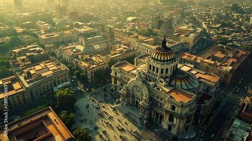 Aerial view of Mexico City, ancient ruins juxtaposed with modern buildings