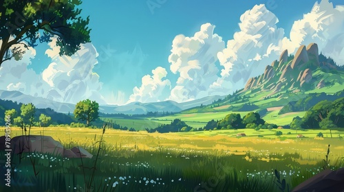 Meadow with green grass near mountain foot during four day times. Cartoon landscape of fields, trees, rocky hills and skies with clouds during the summer day - sunny afternoon, dawn, sunset, dark