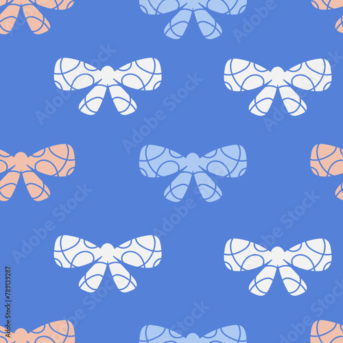 Elegant seamless pattern with ribbon bow. Decorative coquette ornament for wrapping paper, present, holiday, gift on blue background. Repeat vector illustration 