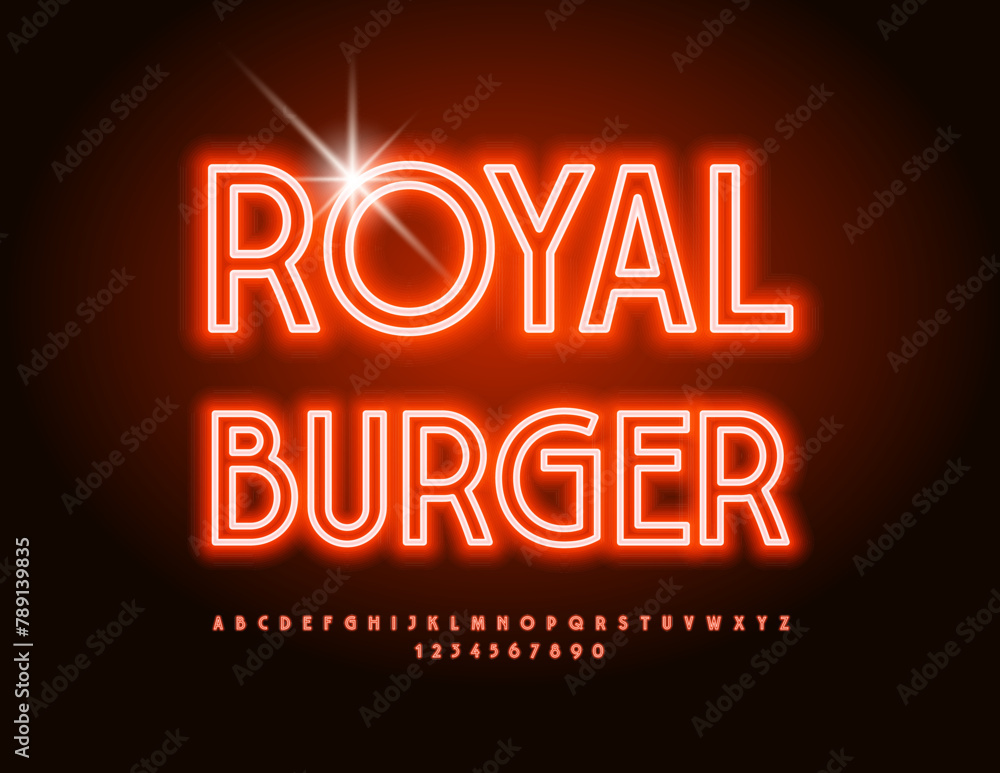 Vector premium sign Royal Burger. Glowing Alphabet Letters and Numbers set. Red Neon Font.