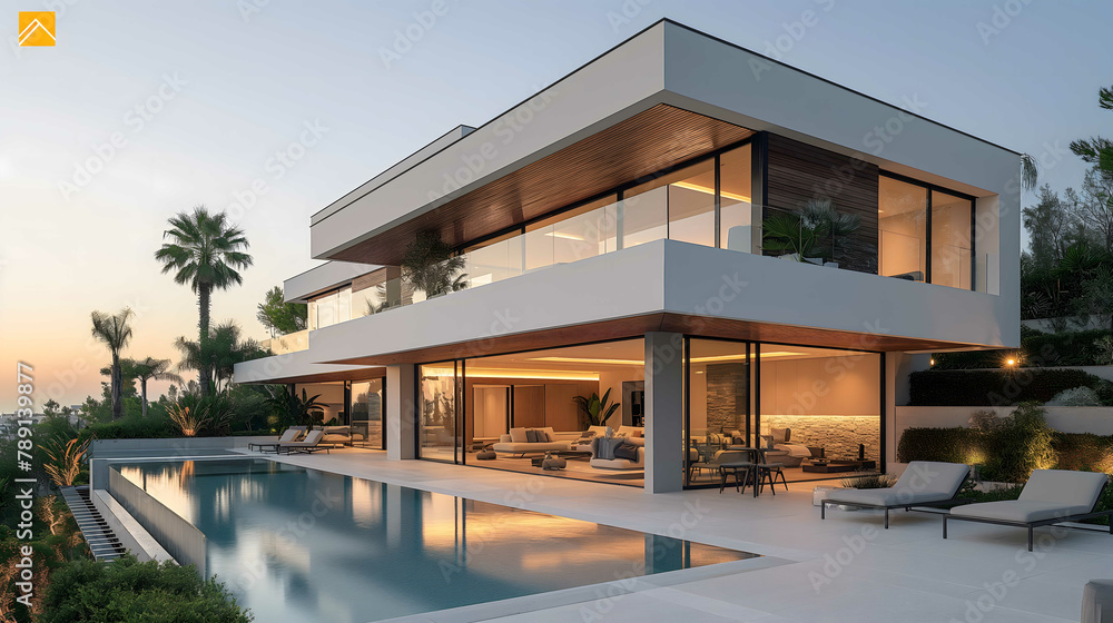 Modern villa with a rooftop terrace, providing panoramic views and an ideal space for outdoor entertainment Modern villa with a rooftop terrace, providing panoramic views and an ideal space for outdoor entertainment