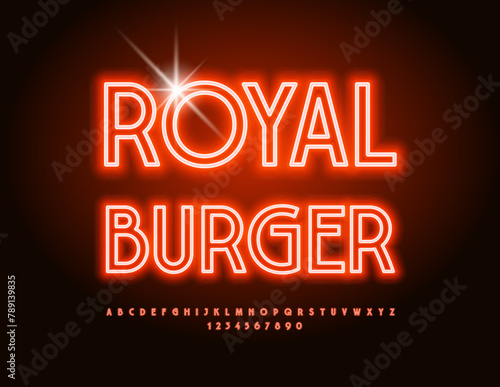Vector premium sign Royal Burger. Glowing Alphabet Letters and Numbers set. Red Neon Font.