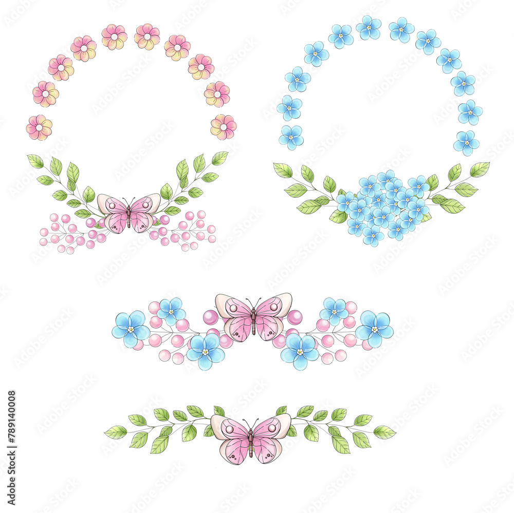Set of watercolor springtime circle frame and branch. Mother's day flowers. Romantic forget-me-not border. Beautiful flowers for invitation, wedding, printing, textile, greeting card Set of watercolor springtime circle frame and branch. Mother's day flowers. Romantic forget-me-not border. Beautiful flowers for invitation, wedding, printing, textile, greeting card
