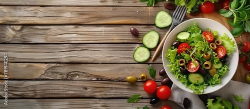 Summer salad in a bowl placed on a wooden table with kitchen utensils. Top view showing a bowl of fresh and healthy leafy green salad with olives, tomatoes, and cucumber, along with space for text.